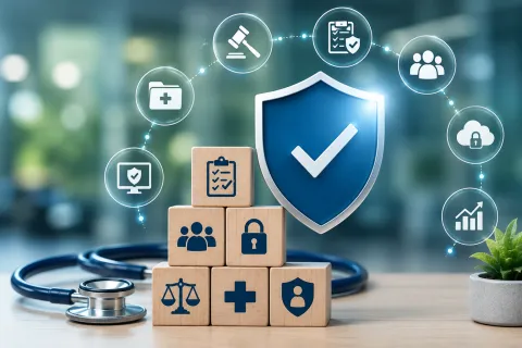 Stacked wooden blocks with healthcare and security icons next to stethoscope and digital shield checkmark.