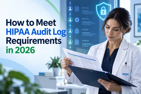 Female doctor reviewing documents with digital HIPAA audit log icons and security shield in modern office.