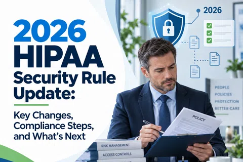 Businessman reviewing HIPAA security policy documents with 2026 update visual icons in office setting.