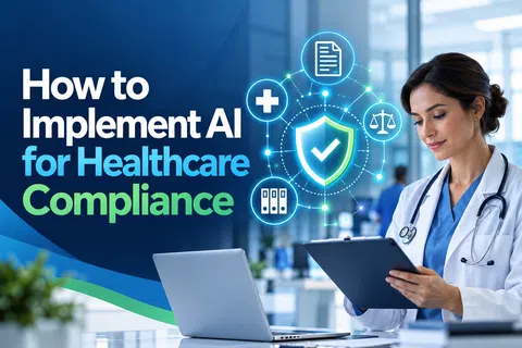 Doctor in white coat using tablet with healthcare compliance and AI digital icons beside her in an office.