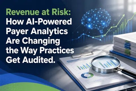 AI-powered payer analytics revolutionize auditing with data charts, magnifying glass, and digital brain graphics on documents.