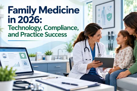 Doctor showing tablet to smiling child and mother in clinic with overlaid text about family medicine in 2026.