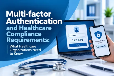 Multi-factor authentication with overlaid text about healthcare compliance shown on laptop and smartphone screens.