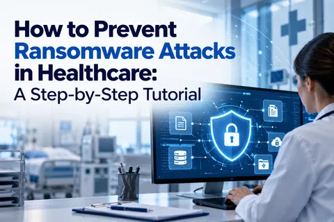 Healthcare professional working on computer with cybersecurity shield and ransomware prevention tutorial text.