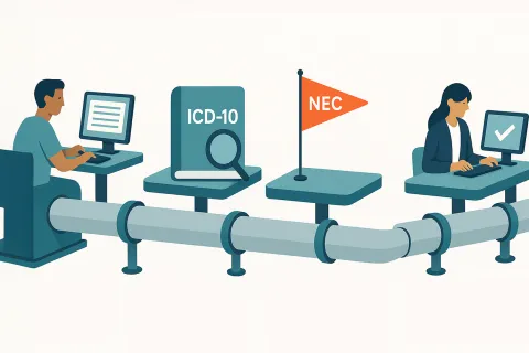 Two people working at computers linked by a pipeline with ICD-10 book and NEC flag representing coding workflow.