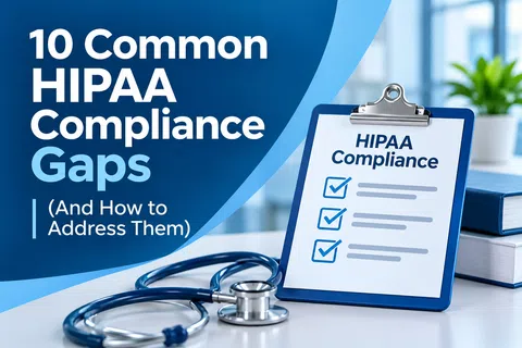 Clipboard with checklist labeled HIPAA Compliance and stethoscope on desk with overlaid text about 10 common HIPAA compliance gaps