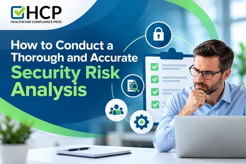Man analyzing security risk with checklist and icons for thorough and accurate security risk analysis.