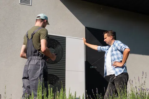 Technician and homeowner inspecting an outdoor heat pump unit next to a modern house exterior in daylight.