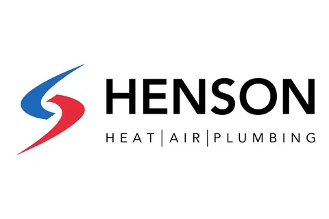 Henson Mechanical Heating Air and Plumbing logo with red and blue swoosh icon and text for heat, air, and plumbing services on white background
