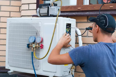 Technician servicing an outdoor air conditioning unit with gauges and tools near a brick wall.