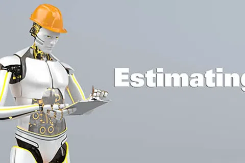 Robot wearing a construction hard hat using a tablet with overlaid text reading Estimating on gray background