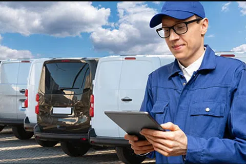 Delivery worker in blue uniform using tablet with a row of white and black vans behind under a partly cloudy sky