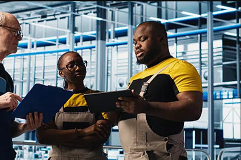 Three factory workers in uniforms discuss work details using a tablet and clipboard inside an industrial setting.