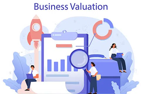 Business valuation concept with people analyzing charts, magnifying glass, rocket, and briefcase