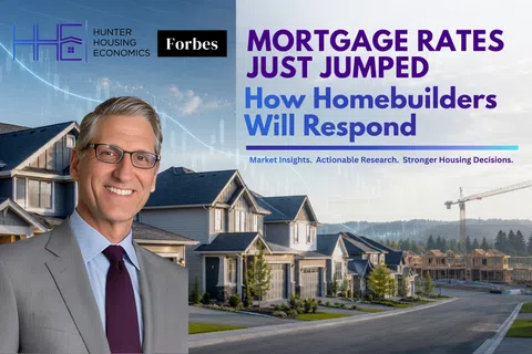 Smiling man in suit with new homes and construction site, text about rising mortgage rates and homebuilders' response.