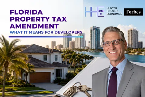 Businessman in suit with Florida waterfront homes and keys, highlighting property tax amendment for developers.