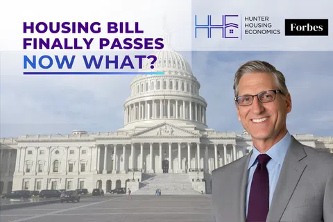 Man in suit and glasses smiles with US Capitol and text about housing bill passing in background