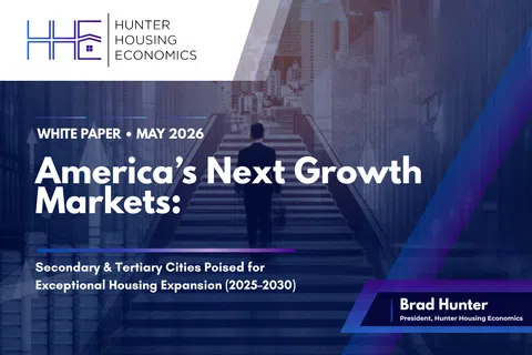 White paper cover titled America's Next Growth Markets by Hunter Housing Economics, featuring a businessman ascending stairs.