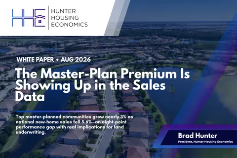 Hunter Housing Economics white paper cover with suburban neighborhood aerial photo and sales data headline.