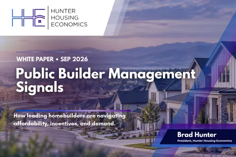 Suburban neighborhood with modern homes under sunset sky, featuring Hunter Housing Economics white paper cover design.