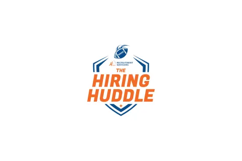 The Hiring Huddle logo with a stylized lion head and bold orange and blue text