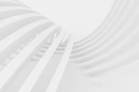 Abstract white architectural structure with curved, parallel beams creating a modern design pattern.
