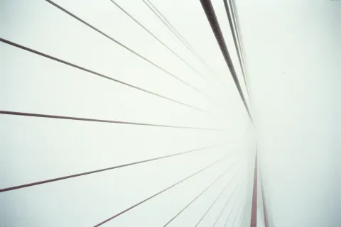 Close-up view of cable-stayed bridge cables disappearing into fog against a pale sky.