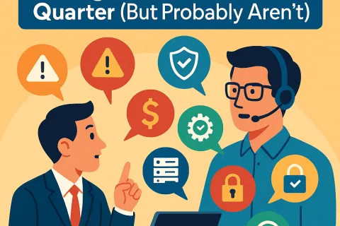 Businessman consulting IT provider with security, money, and service icons in speech bubbles.