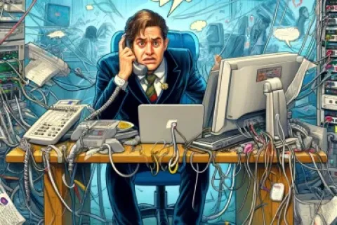 a person on a phone in front of a computer