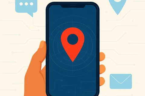 Hand holding smartphone with red location pin on screen surrounded by icons for messaging and mail