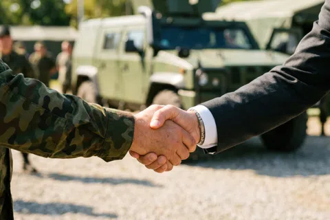 A soldier in camouflage and a businessman shaking hands with military vehicles in the background outdoors