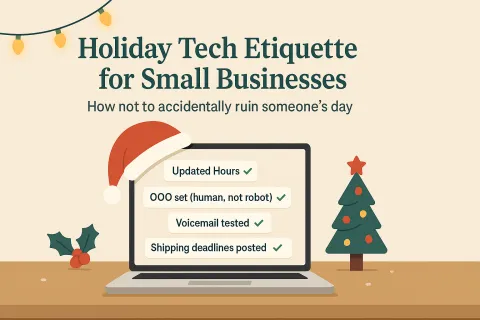 Holiday tech etiquette tips for small businesses on laptop with Santa hat and Christmas decorations.