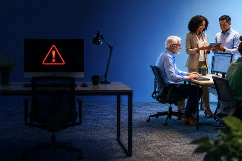 Office scene with mid-age and young professionals working, a computer displays a red warning triangle on a dark desk.