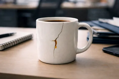 White ceramic coffee mug with a visible crack and coffee drip, placed on a wooden desk with office supplies.