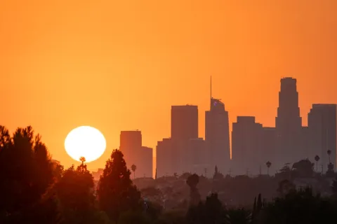 Sunset behind Los Angeles skyline with orange sky and silhouetted trees and buildings