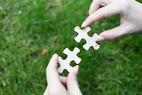 Two hands holding white puzzle pieces about to connect over green grass background