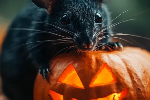 a cat with a carved pumpkin