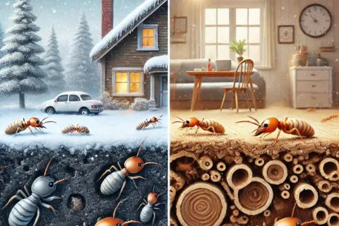 a room with snow and a table and a chair and a window