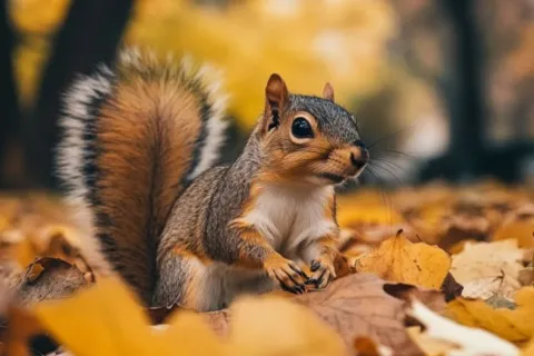 a squirrel standing on a pile of leaves