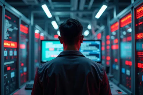 Person in a dark tech room monitoring multiple glowing red digital screens and data panels on servers.