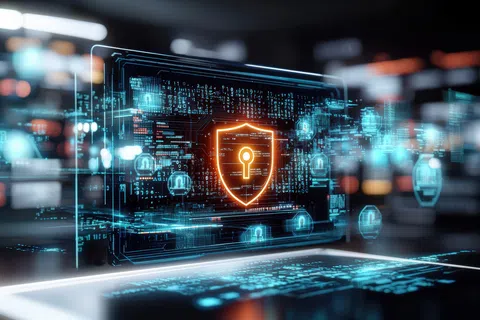 Digital shield with a lock symbol representing cybersecurity and data protection in a futuristic interface.