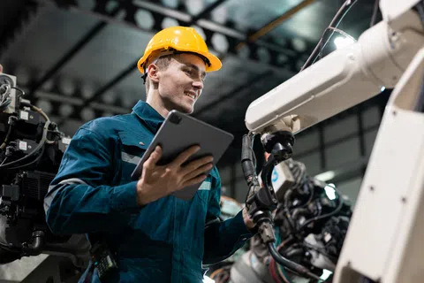 Engineer in a yellow hard hat using a tablet to operate industrial robotic machinery in a factory setting.