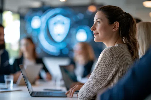 Young woman attentively listening during a business meeting with digital security icons on screen.