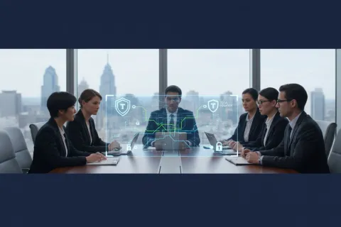 Business team in a modern conference room discussing cybersecurity with digital security interface overlay.