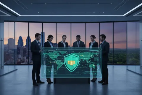 Business team in a modern office analyzing digital data security projection with global map and shield icon.