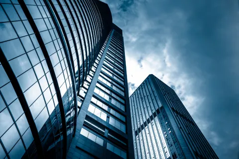 a low angle view of tall buildings