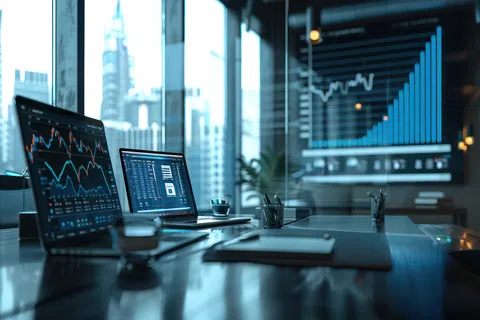Modern office meeting room with laptops displaying financial data and charts, city skyline in background.