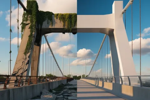 Half-destroyed old bridge overgrown with vines contrasts with modern sleek bridge under blue sky with clouds.