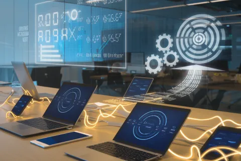 Modern workspace with laptops, smartphones, and floating digital interface showing data and gears graphics.