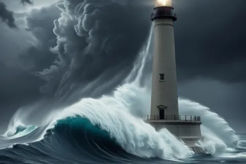 Lighthouse standing strong amid towering ocean waves and dark storm clouds with its light shining bright.